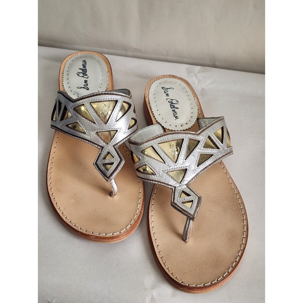 Sam Edelman Womens Metallic Silver Gold Geometric Cutout Thong Sandals Size 7M